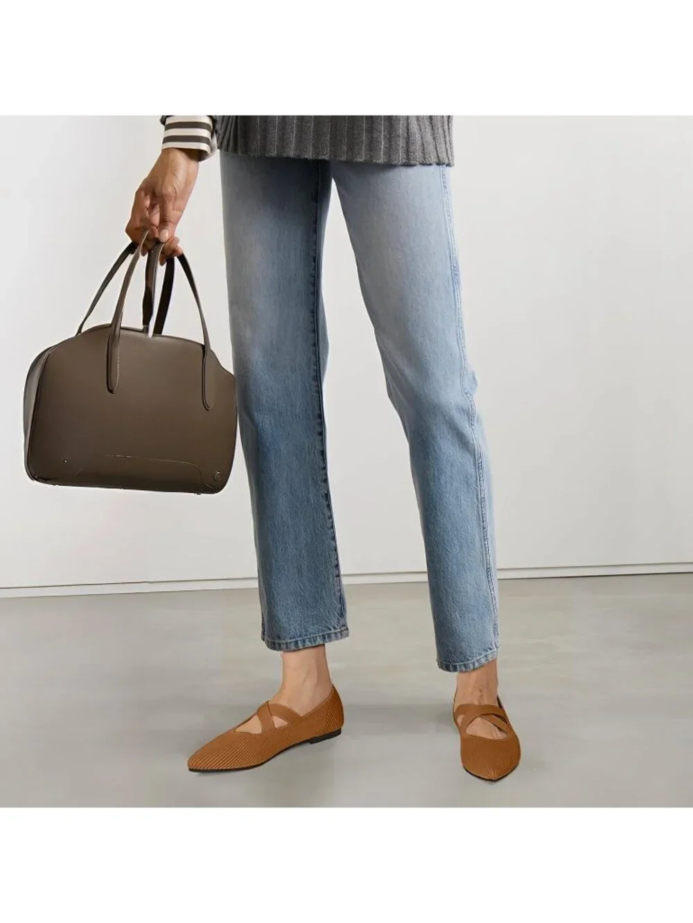 Women's Brown Knit Mary Jane Flats Pointed Toe Comfortable Slip On Dressy Shoes